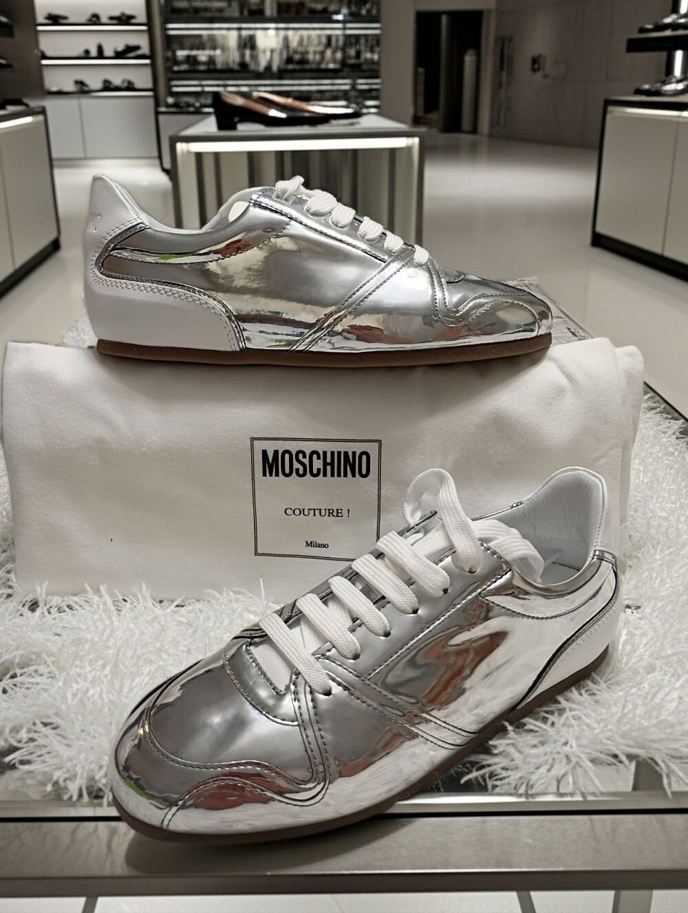 Moschino Couture Silver Patent Trainers Sneakers Women's Sz EU 39 USA 8.5 $495